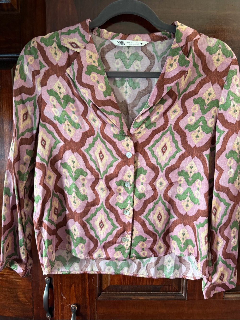 Zara Pink, Brown & Green Geometric Button-Front Blouse